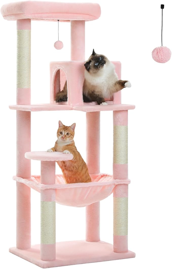 Cat Tree for Large Cats Adult with Metal Plush Big Hammock, 56.3" Cat Tower with 2 Door Condo House, 6-Tier Cat Shelves with Scratching Posts and Large Top Perch, Light Pink-Mewly Pet