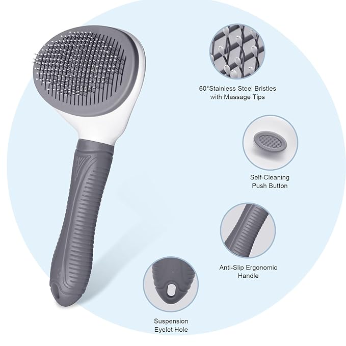 Self Cleaning Slicker Brush for Pet Grooming - Removes Loose Undercoat and Sheds, Suitable for Long and Short Hair Cats and Dogs, with Massaging Bristles (Grey)-Mewly Pet