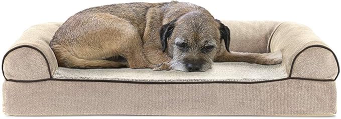 Furhaven Cooling Gel Dog Bed for Medium/Small Dogs w/ Removable Bolsters & Washable Cover, For Dogs Up to 35 lbs - Sherpa & Chenille Sofa - Cream, Medium-Mewly Pet