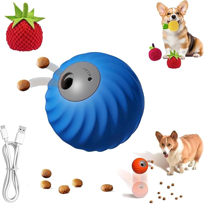 Zoomie Buddy 2.0, Zoomie Buddy for Dogs, 2 in 1 Smart Touch Interactive Dog Balls ＆ Pet Feeder, 2.83" Diameter, Suitable for Small/Medium Dogs, with Fruit Plush Cover (Blue, Tomato)-Mewly Pet