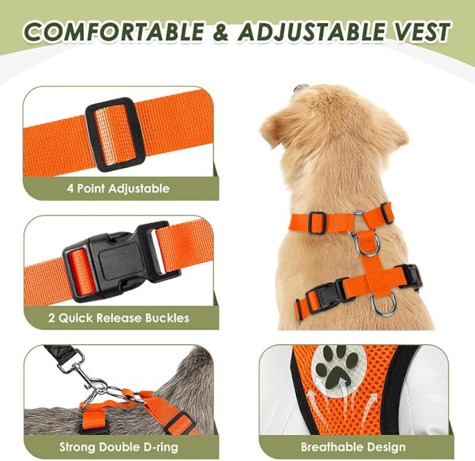 SlowTon Dog Seat Belt Harness for Car, Dog Car Harness Adjustable Mesh Breathable & Dog Seatbelt Safety Tether with Elastic Bungee for Small Medium Large Pets(Orange, Double Clip, XS)-Mewly Pet