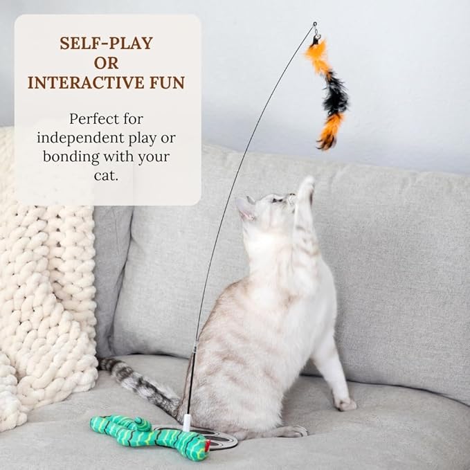 Cat Wand Toy with Round Base – Interactive Feather & Glow-in-The-Dark Octopus Attachments – Suction Cup Cat Toy for Indoor Cats & Kittens-Mewly Pet