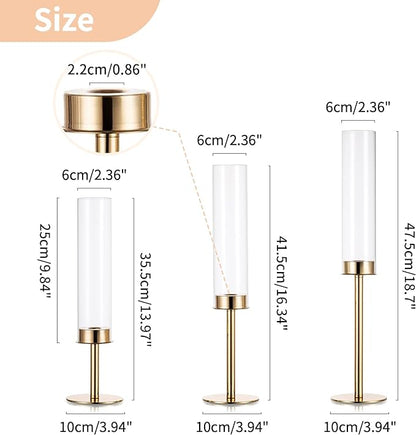 NUPTIO Gold Candlestick Holders Bulk: Set of 18 Glass Hurricane Taper Candle Holders - Decorative Candle Stick Stand for Fall Christmas Fireplace Dining Table Decor