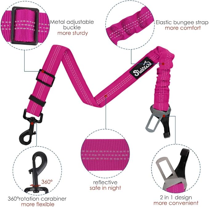 SlowTon Dog Seat Belt, Adjustable Dog Safety Belt Leash, 2 in 1 Latch Bar Attachment Dog Car Seatbelt with Elastic Nylon Bungee Buffer, Reflective Nylon Belt Tether (FU)-Mewly Pet