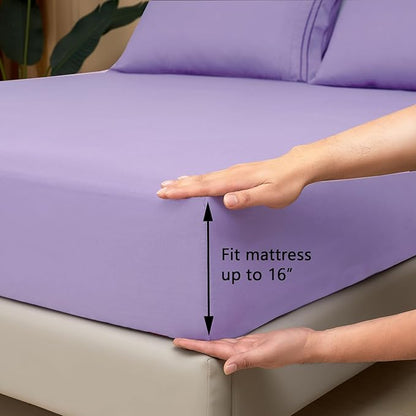 Mejoroom King Size Bed Sheet Set - Hotel Luxury 1800 Bedding Sheets & Pillowcases - 16" Deep Pocket Fitted Sheet, Soft, Breathable, Wrinkle & Fade Resistant - 4 Piece(King,Violet)