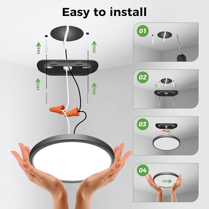 zemty 2Pack LED Ceiling Light Fixture 6.5 Inch, 12W 1200lm Ceiling Mount Light Fixtures, Adjustable 3000K 4000K 6500K, Round Flat Ceiling Lamp for Bathroom Closet Hallway Laundry (Black)