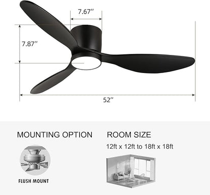 reiga 52 Inch Wood Black Modern Flush Mount Indoor Ceiling Fan with Light and Remote, 3 Propeller Blade, Quiet DC Motor for Bedroom Living Room