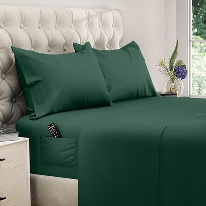 DREAMCARE Queen Size Sheets - Cooling Bed Sheets - 4pcs Set - up to 15" Deep Pocket Queen Sheet Set - Sheets Queen Size Bed - Soft & Long Lasting 100% Fine Microfiber with Side Pocket - Emerald Green
