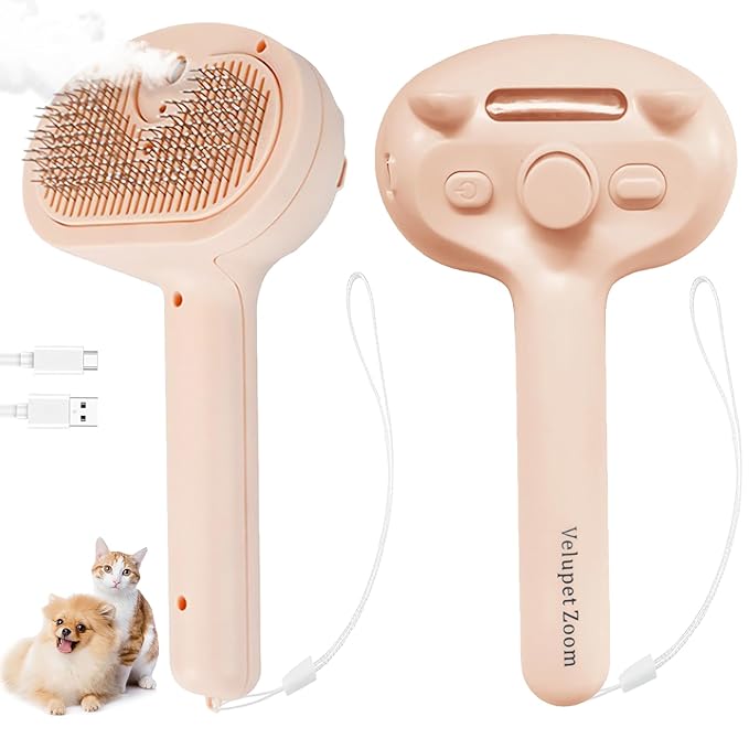 Cat Steam Brush for Shedding, Pet Steam Brush for Dog with Release Button,Anti-Static Pet Spray Hair Removal Comb,Cat Spray Comb for Long & Short Haired Pets,Pink-Mewly Pet