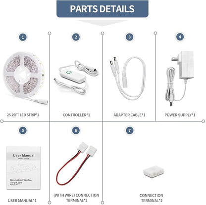 Led Strip Lights 50.5ft Warm White Dimmable Led Light Strip Flexible Rope Lights Kits with 24v Etl Power Supply, Adhesive Clips, Dimmer Switch and Connectors for Indoor Decor