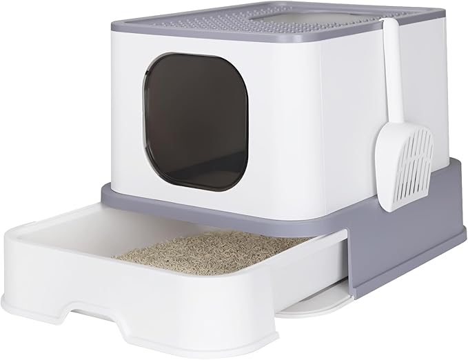 RIZZARI Large Enclosed Cat Litter Box : Covered Leak-Proof Reduces Odor - for Indoor Use Cat Owners (Light Gray)-Mewly Pet
