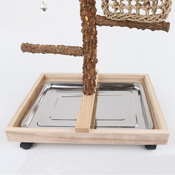 Natural Wood Parrot Stand - Ideal Toy & Accessory for Parakeets, Canaries, Cockatiels, Conure, Lovebirds - Bird Perch Stand with Removable Tray Climbing Net Chewing Toys- Perfect Pet Birds Playstand-Mewly Pet