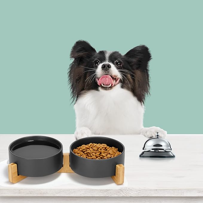SPUNKYJUNKY Ceramic Dog and Cat Bowl Set with Wooden Stand, Modern Cute Weighted Food Water Set for Small Size Dogs (13.5OZ) & Medium Sized Dogs (28.7OZ) & Cats (1.7 Cups, 2 × Black)-Mewly Pet