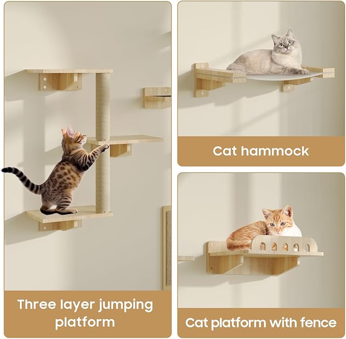 Cat Wall Shelves, Set of 6 Wooden Cat Wall Furniture Includes Scratching Post with 3 Steps, Jumping Platform, Hammock and Scratcher Board for Kittens-Mewly Pet