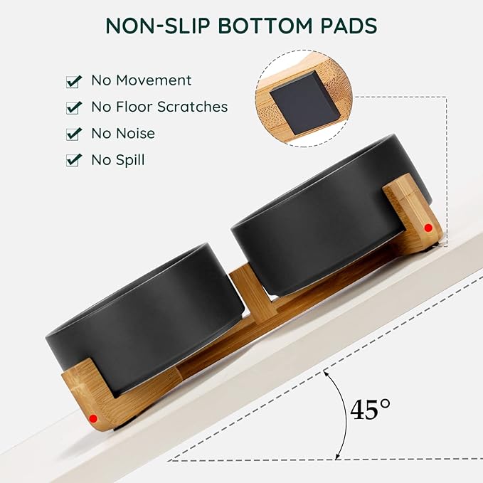 SPUNKYJUNKY Ceramic Dog and Cat Bowl Set with Wooden Stand, Modern Cute Weighted Food Water Set for Small Size Dogs (13.5OZ) & Medium Sized Dogs (28.7OZ) & Cats (3.6 Cups, 2 × Black)-Mewly Pet