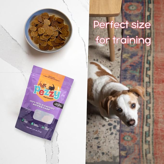 Silver Carp Chips Dog & Cat Treats | Single Ingredient | Wild Caught | Made w/Invasive Fish | Grain Free | High Protein + Low Fat | Hypoallergenic | Compostable Packaging | Made in The USA-Mewly Pet