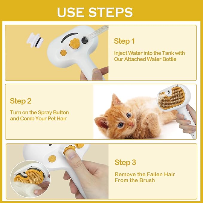 3-1 Cat Steam Brush for Shedding, Steamy Grooming Brush for Long & Short Hair Cats & Dogs, Self-Cleaning Pet Hair Removal Comb with Water Tank Dog-Mewly Pet