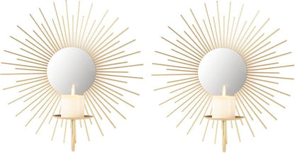 AIM & GGKK Wall Candle Sconce Holder,Set of 2 Mirror Wall Mounted Metal Candle Holder for Home,Living Room, Dining Room,Rustic Farmhouse Boho Decorations