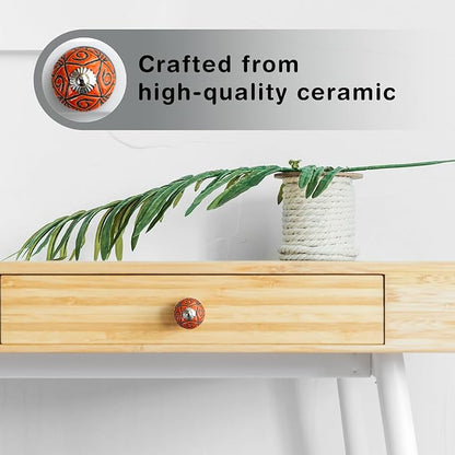Handmade Dark Orange Ceramic Stone Cabinet Knobs, Vintage Decorative Drawer Pulls for Trendy Cabinets, Modern Dressers & Cupboards, Knobs for Kitchen & Furniture - Set of 6