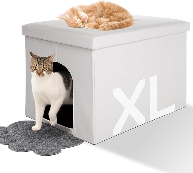 MEEXPAWS Cat Litter Box Enclosure Furniture Hidden, Cat Washroom Bench Storage Cabinet |Large 25.6'' x 17.7'' x 17.7''| Dog Proof | Waterproof Inside/Easy Clean | Easy Assembly | Odor Control(White)-Mewly Pet