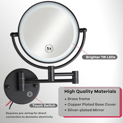 Hard Wired Make up Mirror Magnifying Lighted Black Wall Mounted, 8" 1X/5X Double-Sided 360 Swivel Extendable Arm Bathroom Makeup Mirror Wall Mount, Touch Dimmable, Matt Black