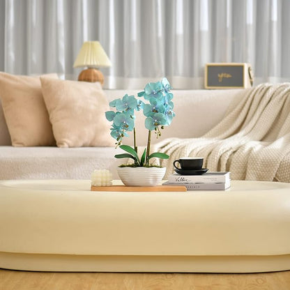 Large Artificial Potted Orchid Plant, Silk Flower Arrangement with Ceramics Vase, Golden Blue