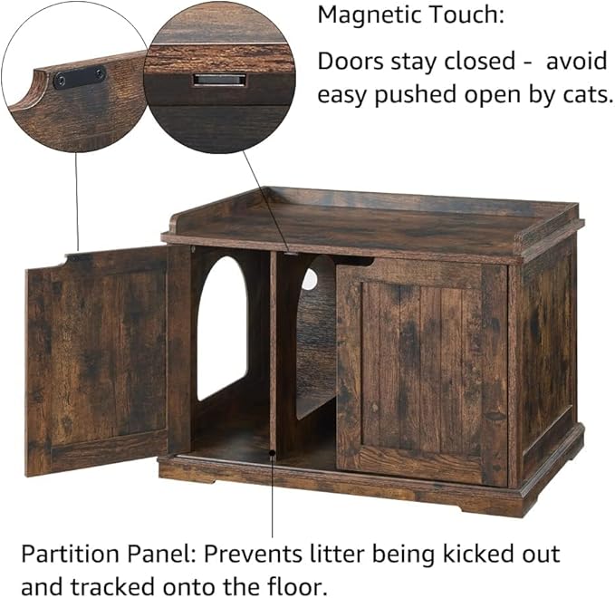 unipaws Cat Litter Box Enclosure Furniture, Dog Proof Hidden Litter Box Cover, Cabinet for Large Cat,Hideaway Kitty House, Rustic-Mewly Pet