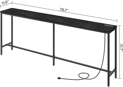 78.7" Console Table with Power Outlet, 11.8" Wide Narrow Sofa Table, Industrial Entryway Table with USB Ports, Behind Couch for Entryway, Hallway, Foyer, Living Room, Black CTBK320E01