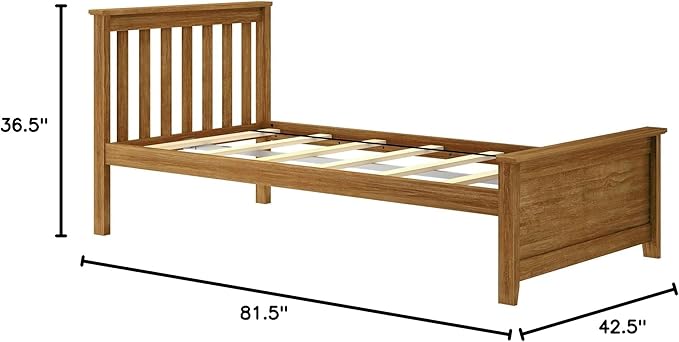 Max & Lily Twin Bed Frame with Slatted Headboard, Solid Wood Platform Bed for Kids, No Box Spring Needed, Easy Assembly, Pecan
