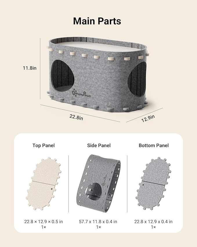 DownyPaws Cat House for Indoor Cats, Cat Bed Cave for Multiple & Large Cats Up to 22 Lbs, Scratch Resistant, Foldable Peekaboo Kitten Caves Tunnel Enclosed Bed, PeekaPurr, Light Gray-Mewly Pet