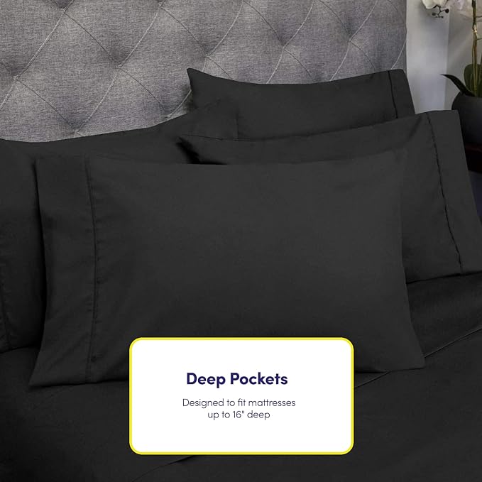 Sweet Home Collection 6 Piece 1500 Supreme Collection Brushed Microfiber Deep Pocket Sheet Set-2 Extra Pillow Cases, Great Value, Rv Short Queen, Black