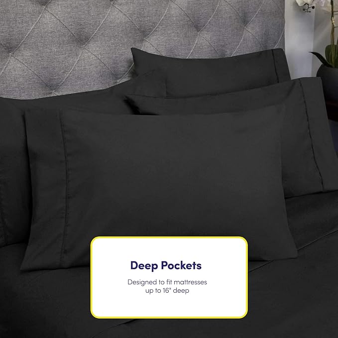 Queen Sheets Black - 6 Piece 1500 Supreme Deluxe Collection Deep Pocket Ultra Soft Queen Sheet Set Bedding - 2 Extra Pillow Cases, Great Value, Queen, Black