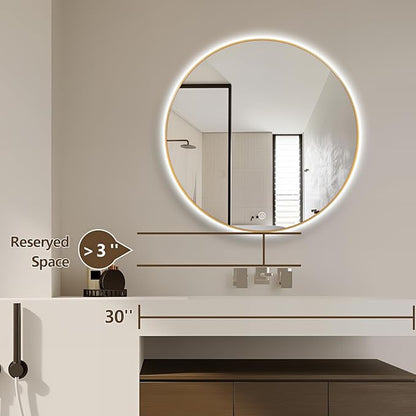 24" Round LED Bathroom Mirror, Wall Mounted Round Backlit Mirror LED Bathroom Vanity Mirror with Light Fog Free Circle Lighted Mirror with Gold Frame, Smart Light up Mirror 3-Color