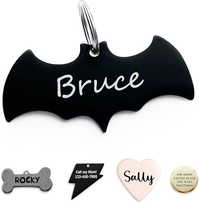 316 Surgical Grade Stainless Steel Personalized Dog & Cat ID Tags - Made with Three Thousand Love for Our Fur-Baby - Original Funny Shapes Bat, Engraved Name or Text for Pet Collar Accessories-Mewly Pet