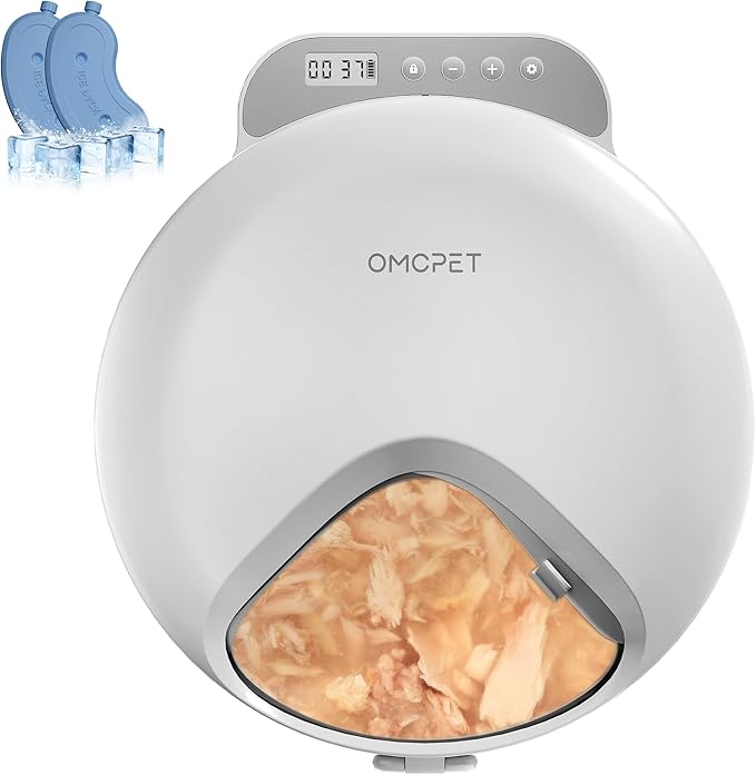 Automatic Cat Feeder Wet Food, Whisker-Friendly Automatic Cat Food Dispenser True 4-Meal Design with Locking Lid, Smart Timer Feeder for Wet Cat/Dog ，2-Ice Packs, Easy to Clean (White-1)-Mewly Pet