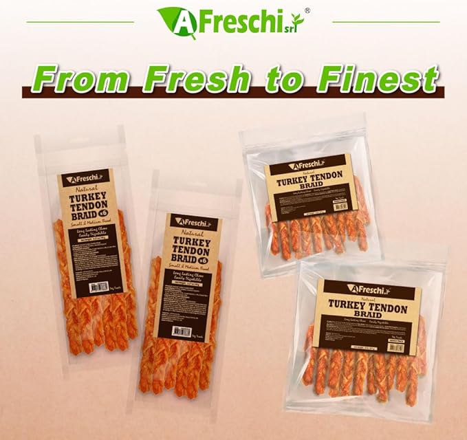 Afreschi Turkey Tendon Dog Treats, 8 oz Braid (for Medium Breeds), USA-Sourced Turkey Tendon, All Natural Puppy Chew, Hypoallergenic, Rawhide Alternative-Mewly Pet