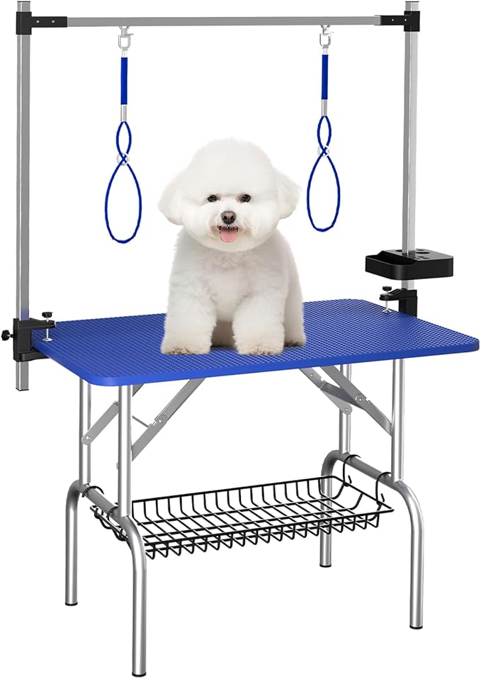 VFK 36''/47''Large Dog Grooming Table, Foldable Pet Station at Home, Dog Grooming Table,Adjustable Cat Drying Desktop with Arms, Nooses, Mesh Tray (Stainless Steel pet Table, 36" Blue)-Mewly Pet