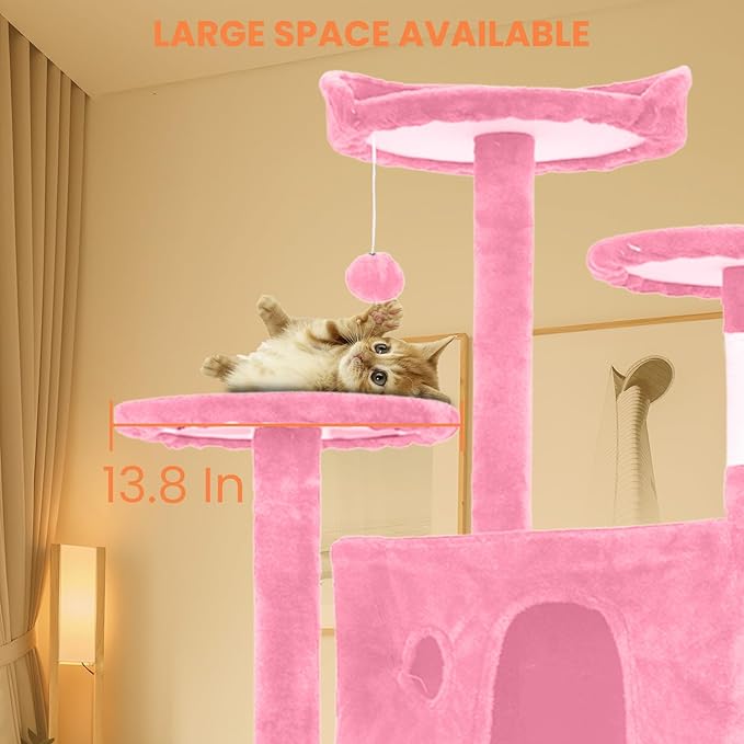 54.7 inches Cat Tower for Indoor Cats, Multi-Level Cat Condos with Scratching Posts, Hanging Toys, Pink-Mewly Pet
