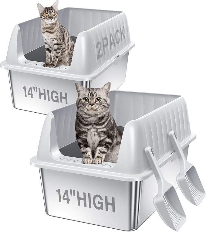 Cat Litter Box Stainless Steel XL with Lid, Enclosed Metal Extra Large Litter Box Pan High Sided with Scoop for Big Cats, Non-Sticky, Anti-Urine Leakage, Easy Cleaning-Mewly Pet