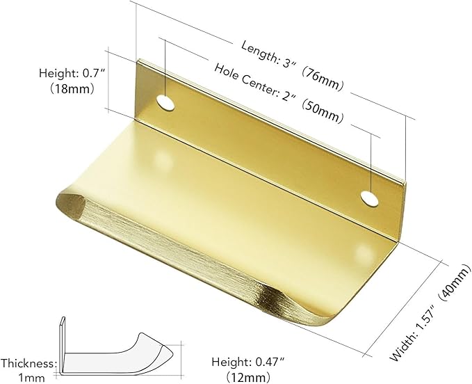 Ravinte Hardware 12 Pack Gold Cabinet Handles, 3 Inch (76mm) Finger Edge Pulls, 2 Inch Hole Center, Finger Pulls for Cabinets