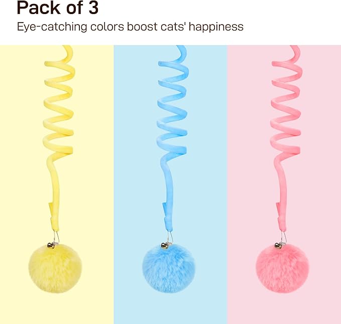 Potaroma Hanging Fluffy Cat Catnip Ball Toys 3 Pcs with Bell, Interactive Cat Teaser Retractable Toys Indoor Kitten Play Chase Exercise Physical Stimulation-Mewly Pet