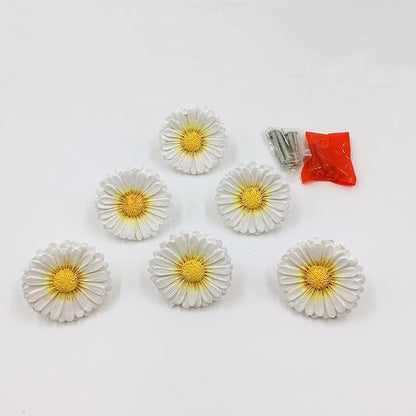 Daisy Vintage Resin Hand Painted Drawer Pulls Cabinet Knobs Handles Country Kitchen Home Decoration White (Pack of 6)