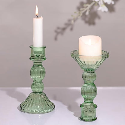 DARJEN 2 Pcs Green Candlestick Holders - Vertical Stripe Glass Candle Holders for Taper and Votive Candles, Taper Candle Holder for Home, Wedding, Decor & Table Centerpieces