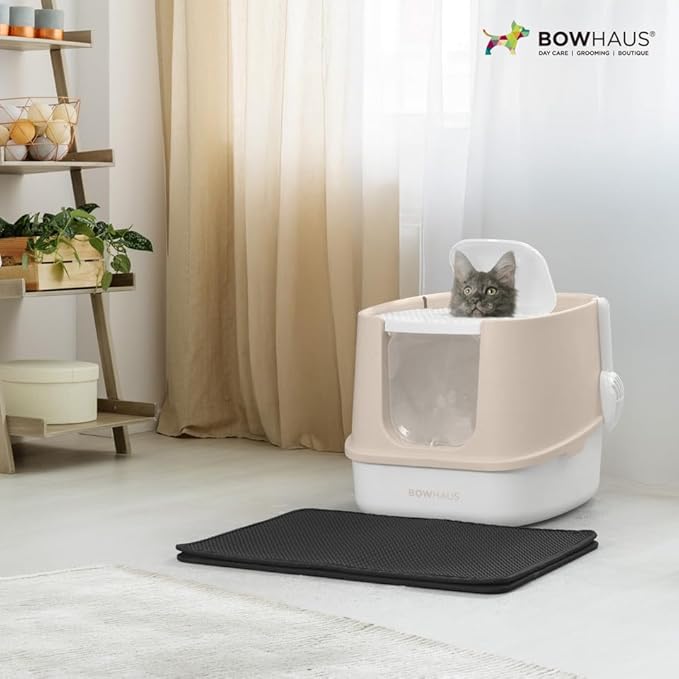 Fully Enclosed Cat Litter Box w/Lid, Scoop, Litter Mat & Odor Fitter, Large Plastic Cat Toilet with Double Door, Anti-Splashing Gato Litter Box with Lockable Front Door, Beige/Pink-Mewly Pet