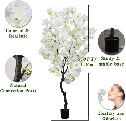 White Faux Cherry Blossoms Tree Artificial Cherry Blossom Tree Bedroom Trees for Home Decor 6FT