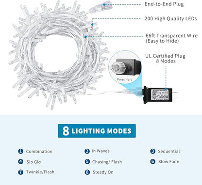 66Ft 200LED Warm White Christmas Lights Plug in,8 Modes Connectable String Light Classroom Lights Indoor Outdoor for Halloween Christmas Tree Bedroom Garden Decor (Clear Wire)