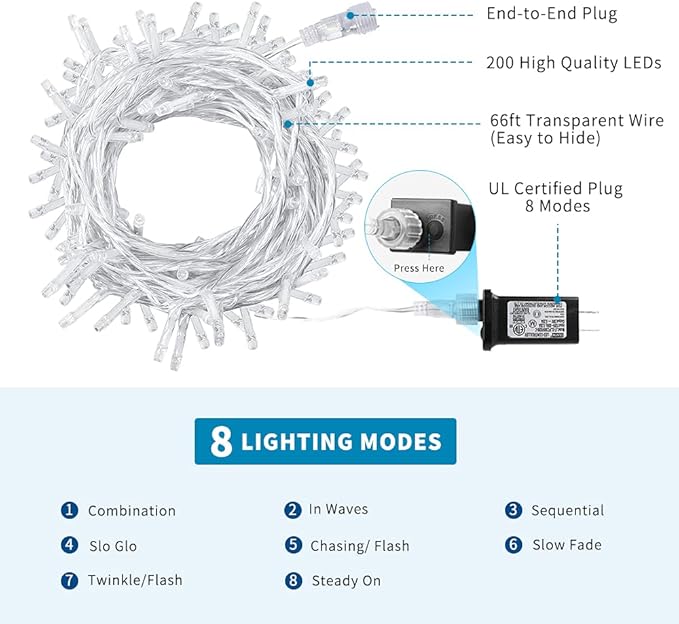 66Ft 200LED Multicolor Christmas Lights Plug in,Connectable Christmas Tree Lights,8 Modes String Lights Indoor Outdoor for Tree Party Bedroom Garden Decor (Clear Wire)