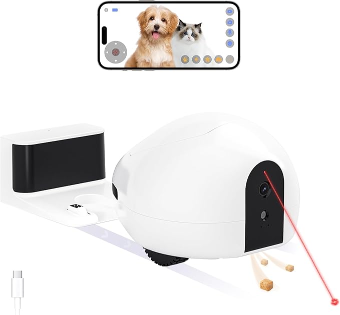 Cat Camera with Interactive Pointer Toy, Moving Robot for Dog and Cat, Mobile Pet Camera Treat Dispenser with Phone App, Auto Recharging and Night Vision, Two-Way Audio (2.4G Wi-Fi Only)-Mewly Pet