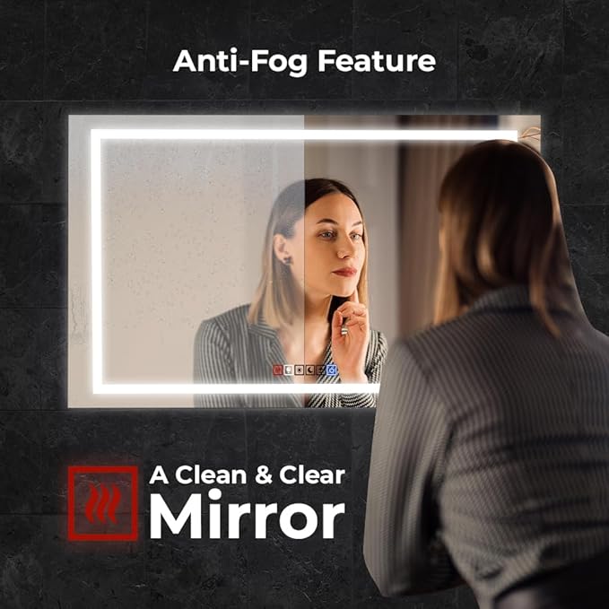 Fab Glass and Mirror LED Mirror 48x30 Inches, Led Bathroom Mirror with Lights Front and Backlit Anti-Fog Memory Brightness, Three Color Options Frameless Wall Mounted Bathroom Vanity Mirrors