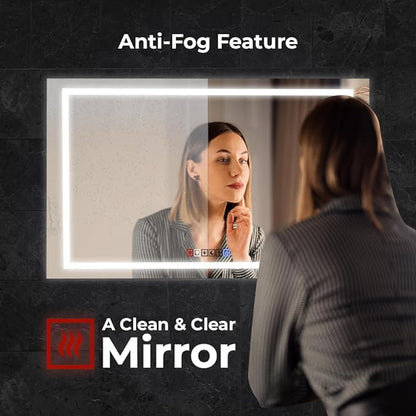 Fab Glass and Mirror Dimmable Lighted Bathroom Wall Vanity with Anti-Fog and Adjustable Colors Rectangular Frameless LED Mirror 40L X 18W Clear